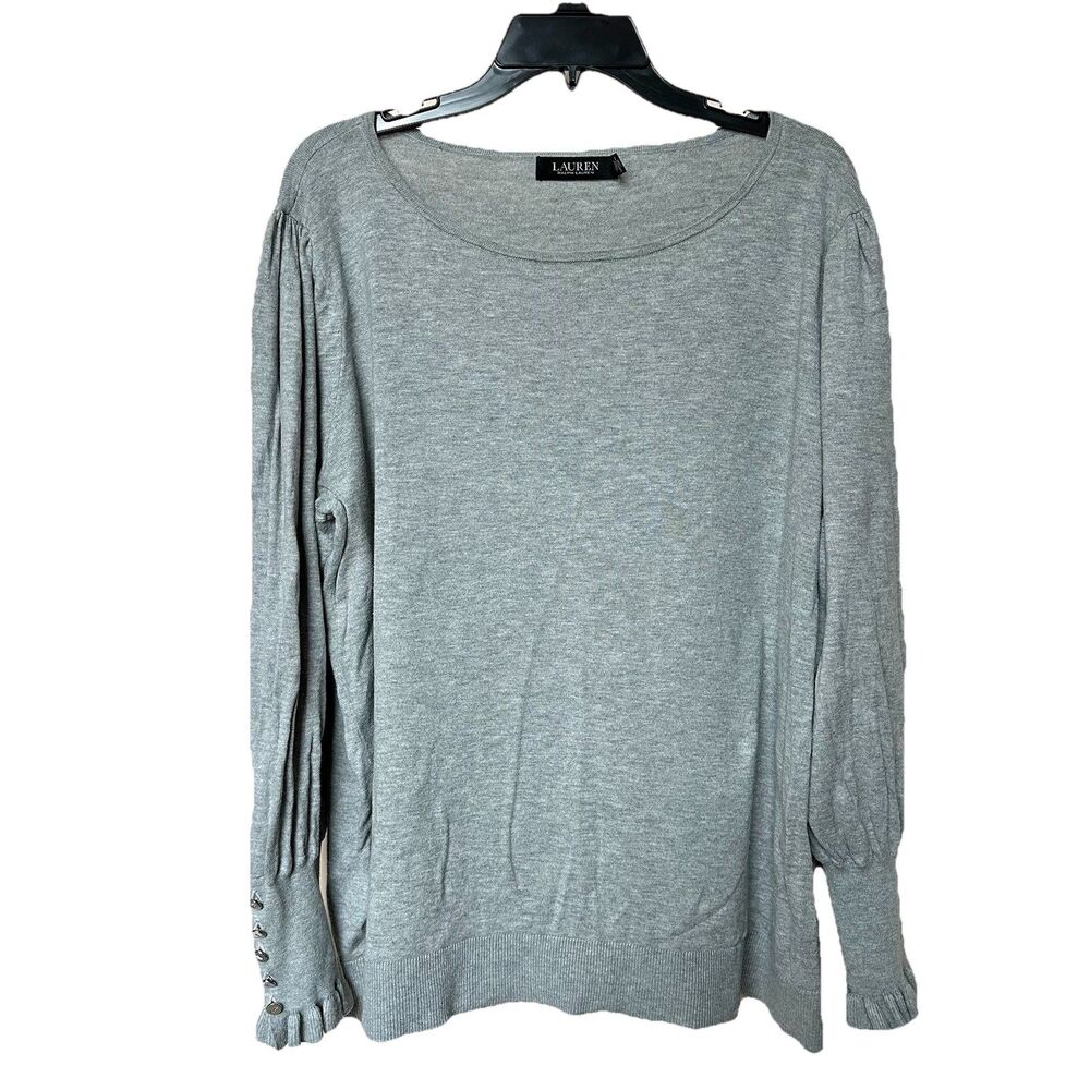 Lauren Ralph Lauren Top Women 3X Long Sleeve Gray Pullover Ruffle Button Twee